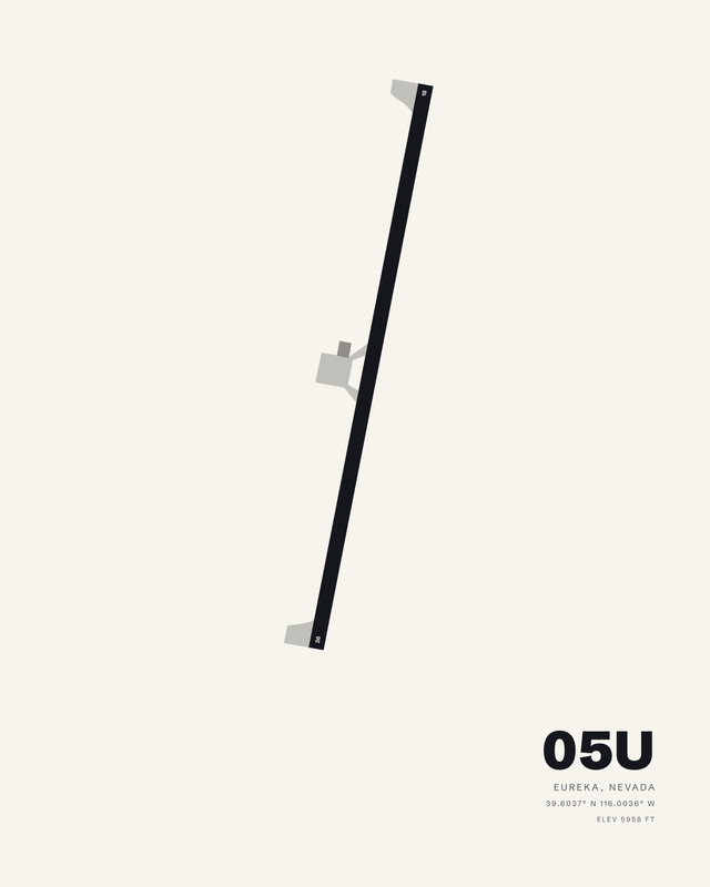 White airport map print of Eureka 05U, Nevada, one dark runway 18/36 on a warm off white ground.