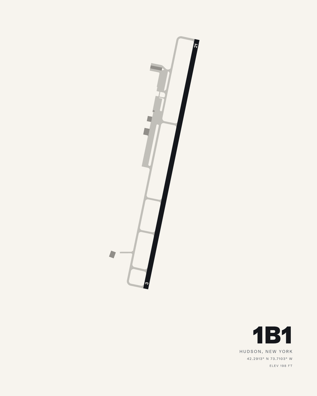 White colorway airport map print of Columbia County 1B1: single diagonal runway 03/21 with taxiway ladder and apron.