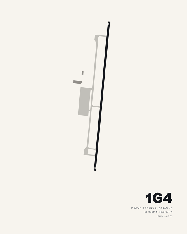 Grand Canyon West 1G4 airport diagram print in white, showing single runway 17/35 with its parallel taxiway and apron.