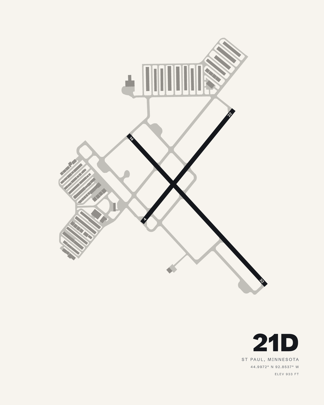 White airport map print of Lake Elmo 21D, St. Paul, Minnesota, runways 14/32 and 04/22 crossing in a dark X.