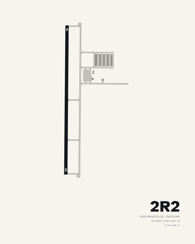 White colorway airport map print of 2R2, Hendricks County-Gordon Graham Field, with runway 18/36 as one dark vertical strip beside a parallel taxiway.