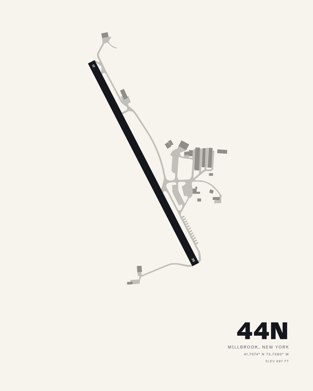 Sky Acres 44N airport diagram print in the white colorway, single runway 17/35 as a dark diagonal strip, Millbrook, New York.