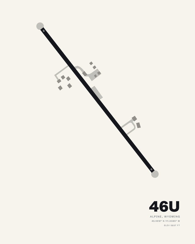White airport map print of Alpine 46U, one diagonal runway 13/31 in dark ink.