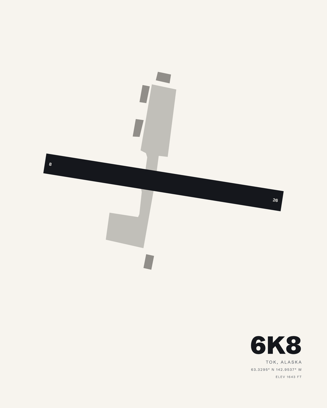 Tok Junction 6K8 airport map print on a white ground, runway 08/26 drawn as one dark bar.