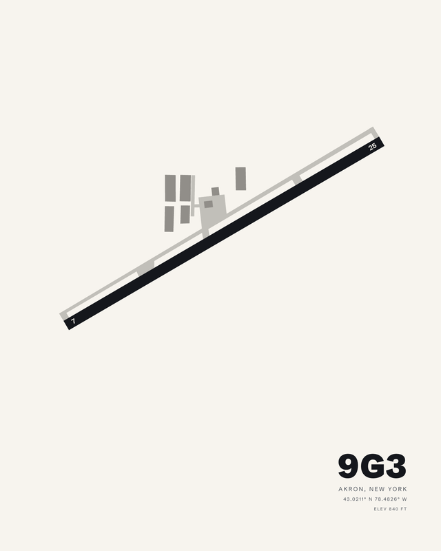 Akron/Jesson Field 9G3 airport map print in white, single diagonal runway 07/25 with taxiway and hangars.