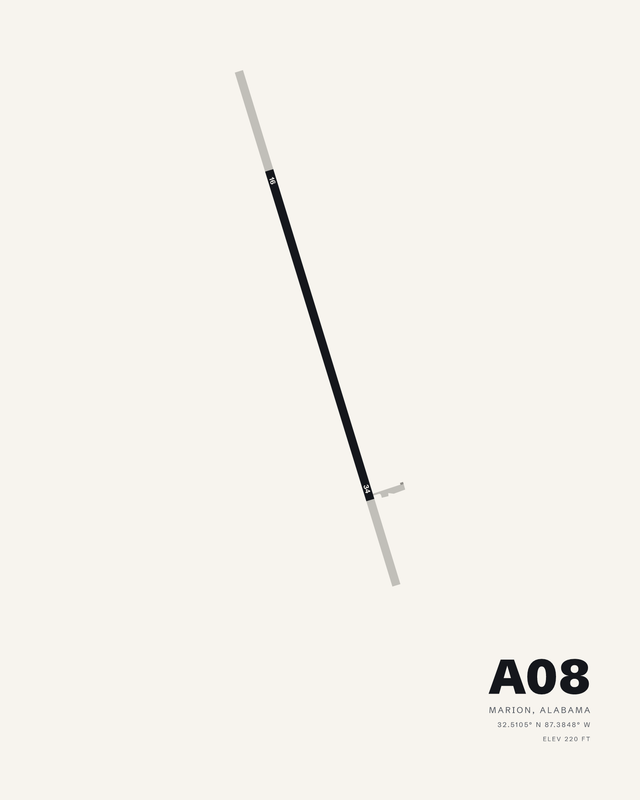 White colorway airport map print of Vaiden Field (A08), Marion, Alabama, with runway 16/34 as one dark strip.