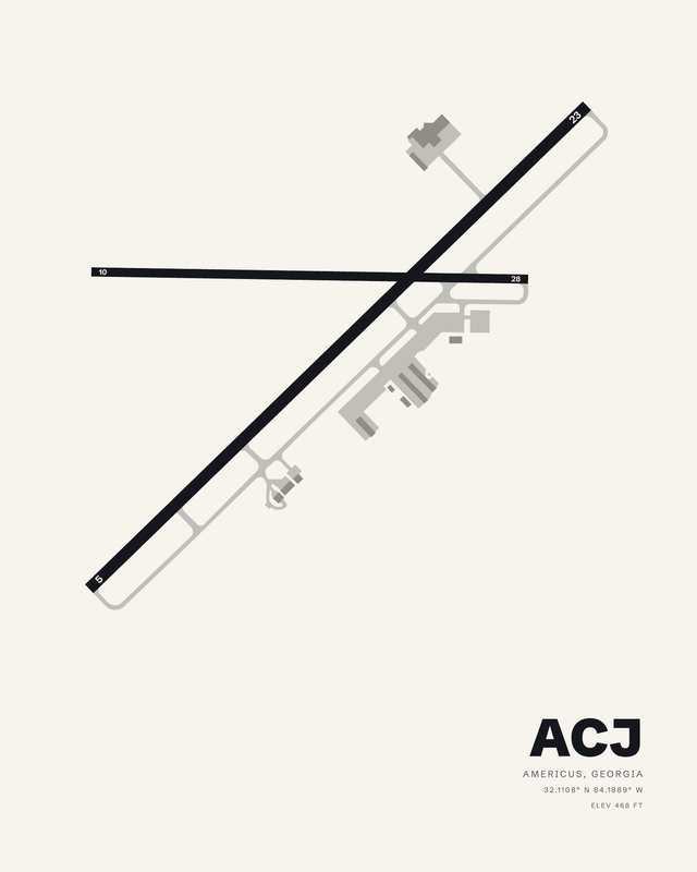 Jimmy Carter Regional (ACJ) airport map print, white colorway, runways 05/23 and 10/28 crossing in a dark X above center.