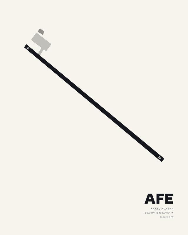 White colorway: AFE Kake, Alaska airport map print with a single diagonal runway 11/29 on a soft white field.