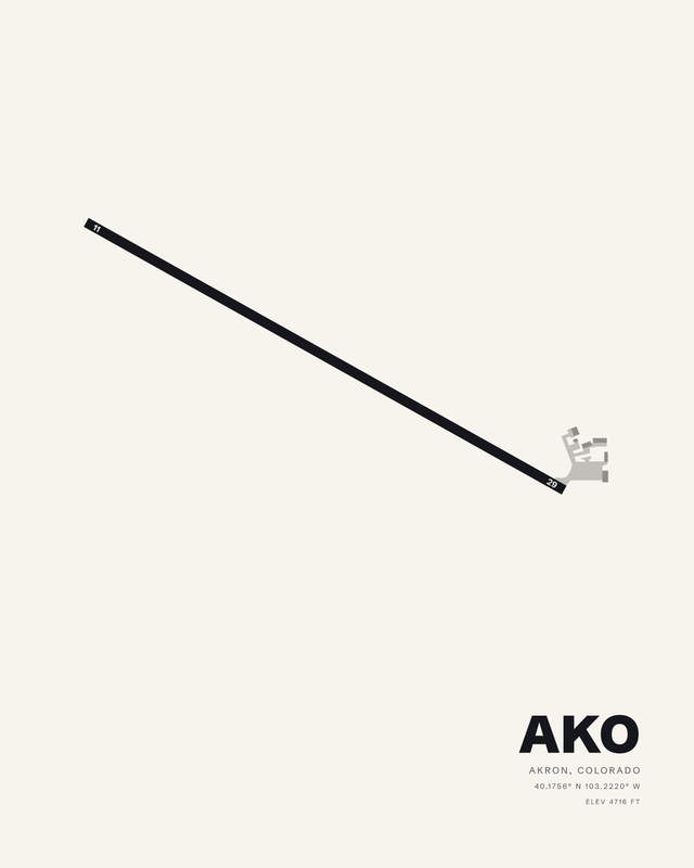 White colorway airport map print of Colorado Plains Regional AKO, runway 11/29 as one long diagonal line.