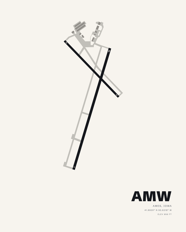 White airport map print of Ames Municipal (AMW) with two dark crossing runways, 01/19 and 13/31.