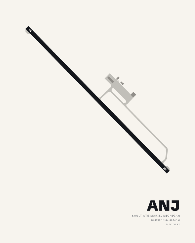 White airport map print of ANJ, Sault Ste Marie Municipal/Sanderson Field, single runway 14/32 drawn as a dark diagonal.