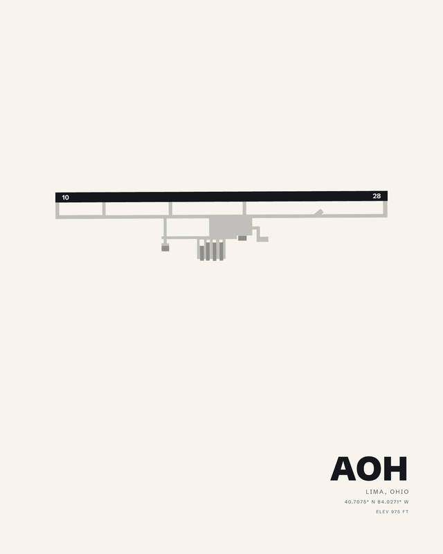 White airport map print of AOH, Lima Allen County, showing runway 10/28 as one dark horizontal strip.