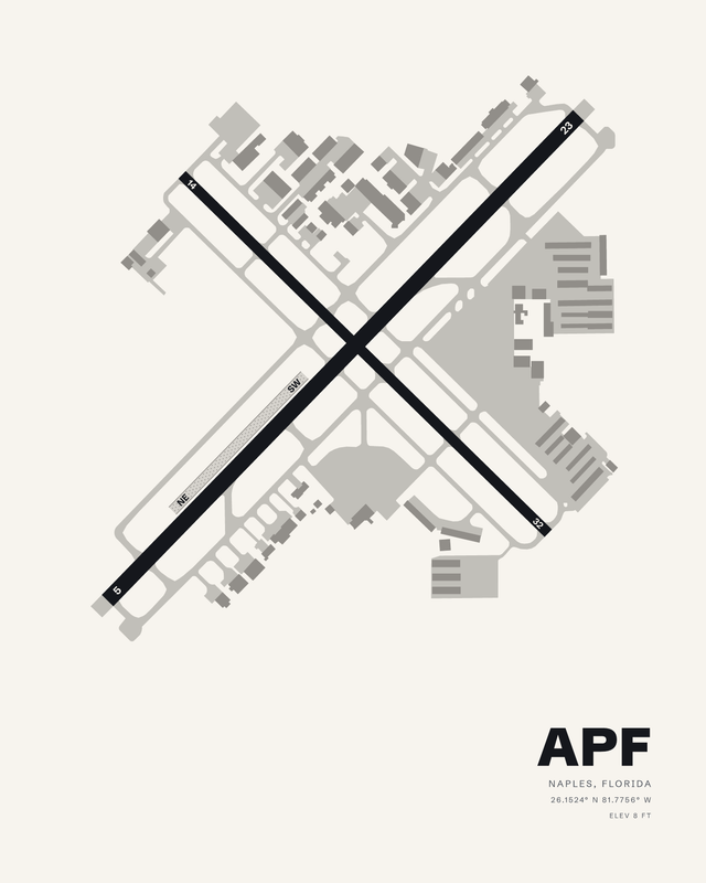 Naples Municipal APF airport map print on white, runways 05/23 and 14/32 crossing in a dark X.