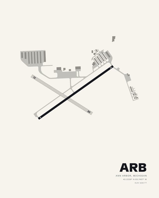 Ann Arbor Municipal ARB airport diagram on a white background, paved runway 06/24 crossing turf runway 12/30 in an X.