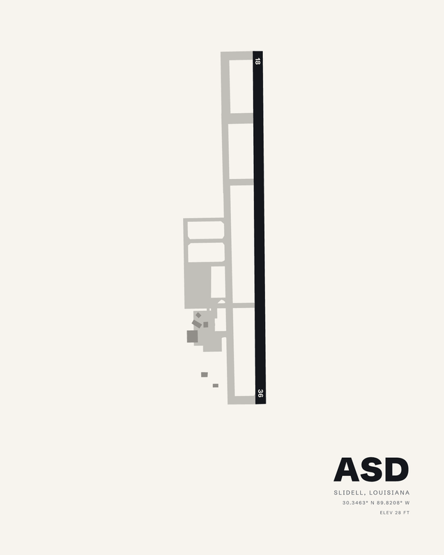 White airport map print of Slidell ASD, one runway 18/36 drawn as a dark vertical strip.