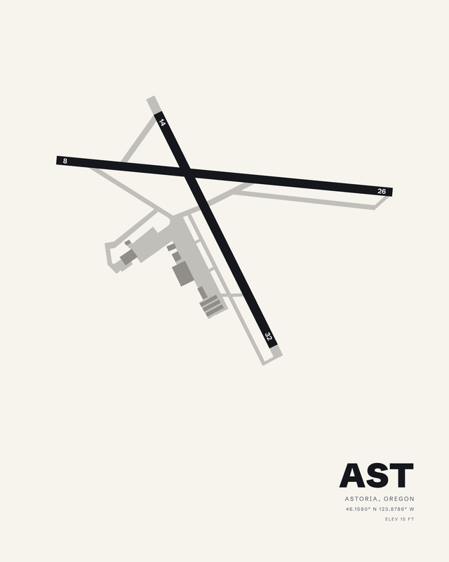 Astoria Regional (AST) airport diagram print on a white background, runways 8/26 and 14/32 crossing in an X.