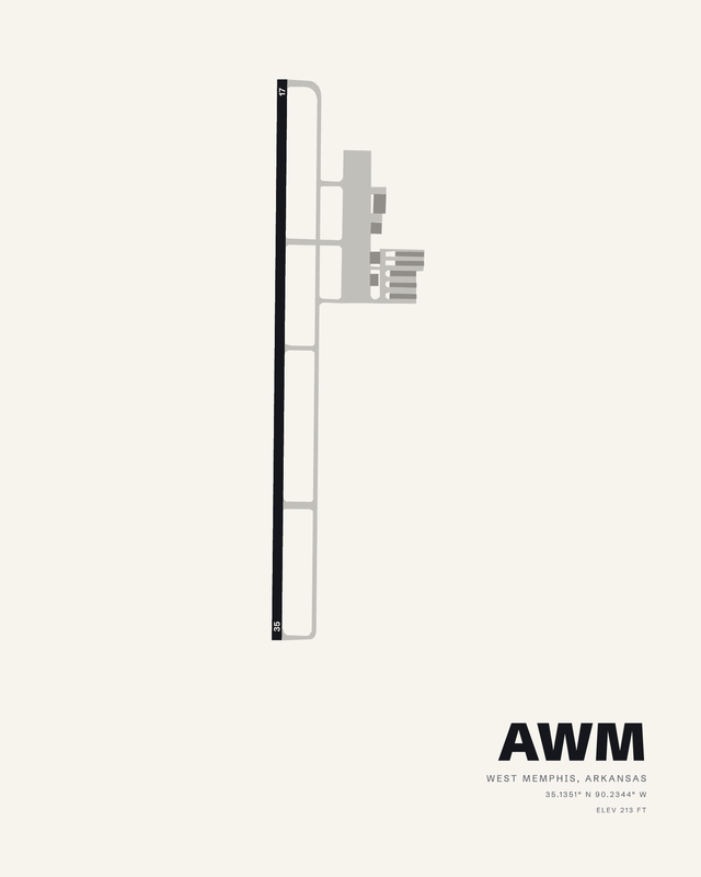 White colorway of the AWM airport map print: runway 17/35 as one vertical strip with taxiway loops and hangar rows.