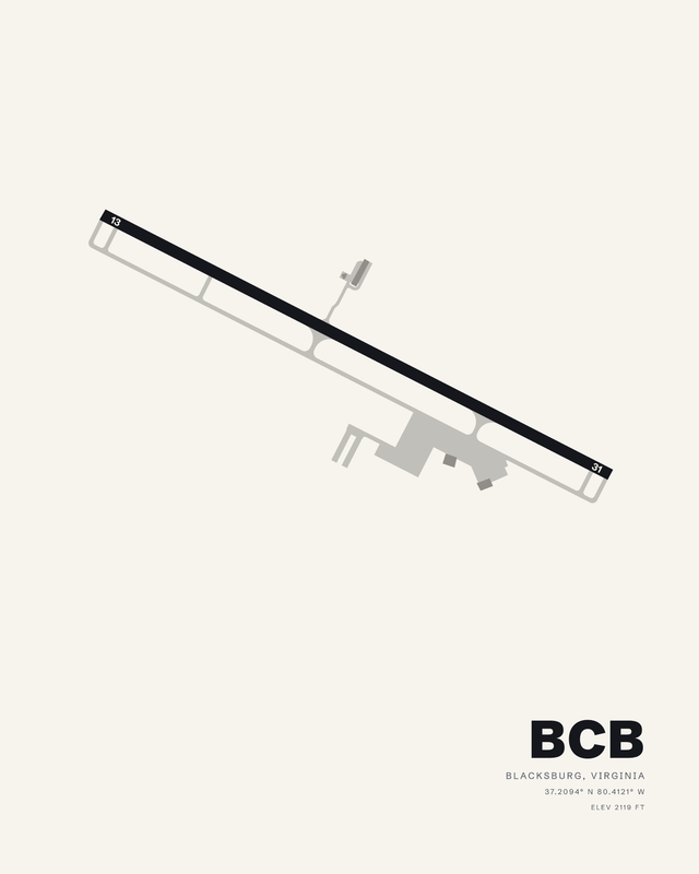 White colorway airport map print of BCB, Virginia Tech/Montgomery Executive, Blacksburg, Virginia, showing single runway 13/31 as a dark diagonal bar.