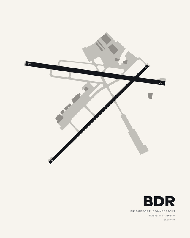 White colorway: BDR Bridgeport/Sikorsky airport map print, two dark runways crossing in an X on a soft white ground.