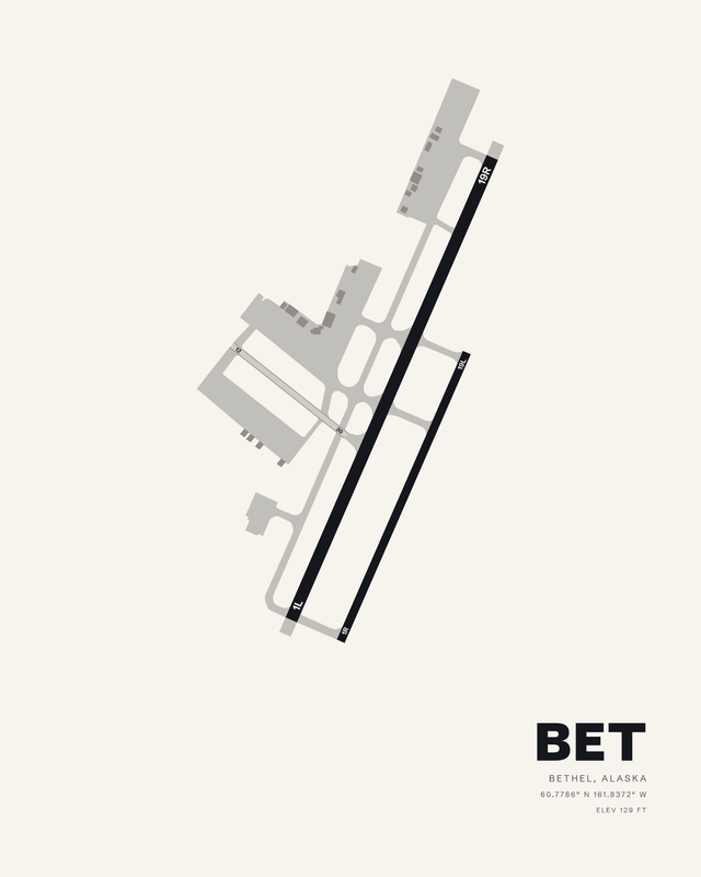 BET Bethel Alaska airport map print on white, two parallel runways with a short gravel crosswind strip.