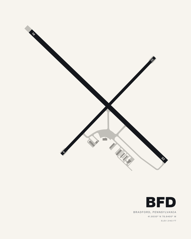 Bradford Regional BFD airport map print on white, runways 14/32 and 05/23 crossing in a dark X.