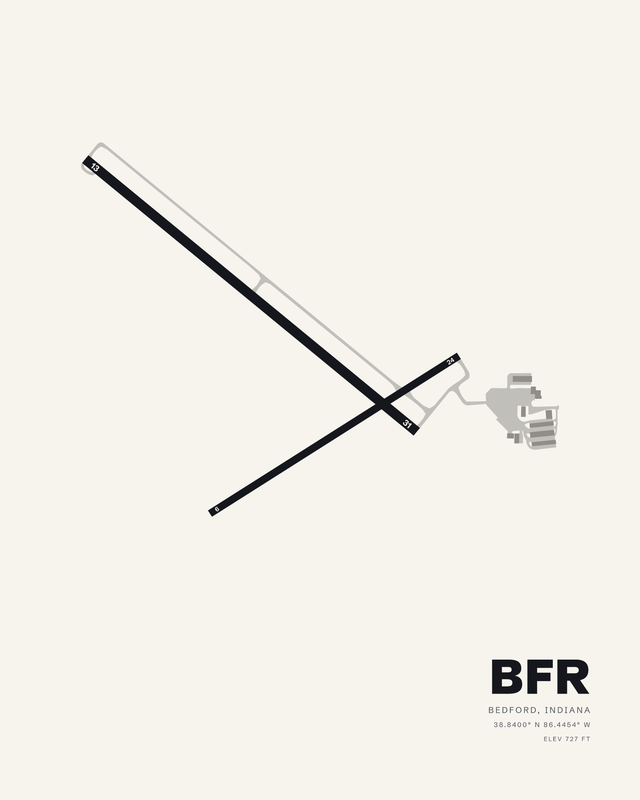White background BFR airport map print of Virgil I Grissom Municipal, Bedford, Indiana, with runways 13/31 and 06/24 crossing.