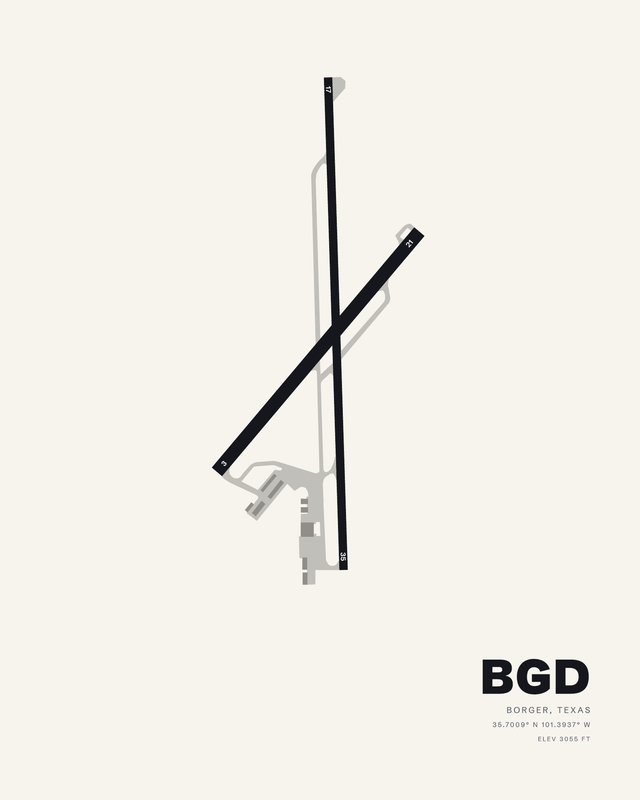 White colorway: Hutchinson County BGD airport map print, runway 17/35 upright and 3/21 crossing it in dark ink on off-white.