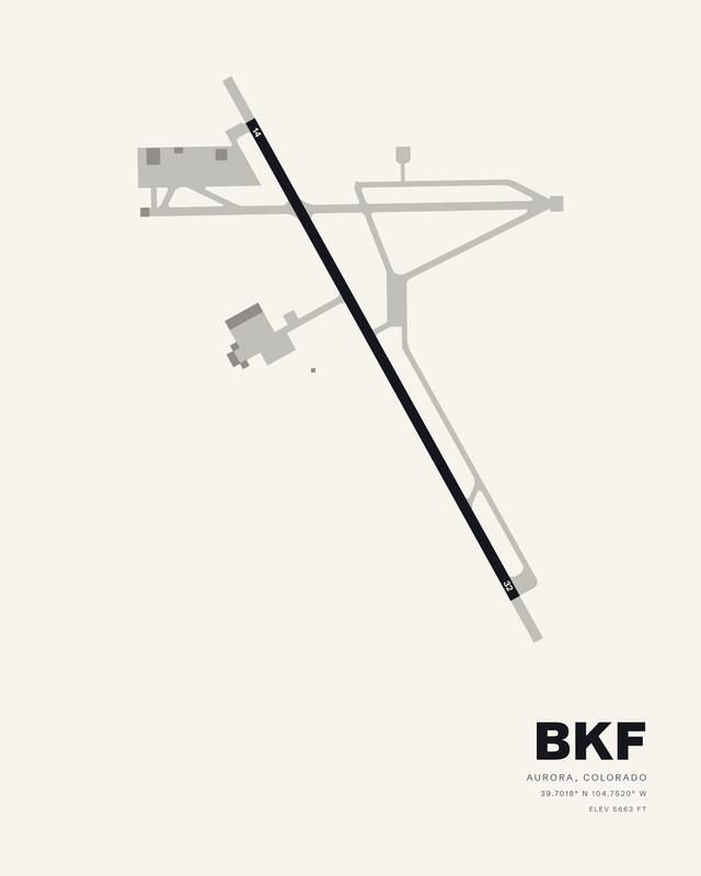 White airport map print of BKF, Buckley Space Force Base in Aurora, Colorado, showing single runway 14/32 on the diagonal.