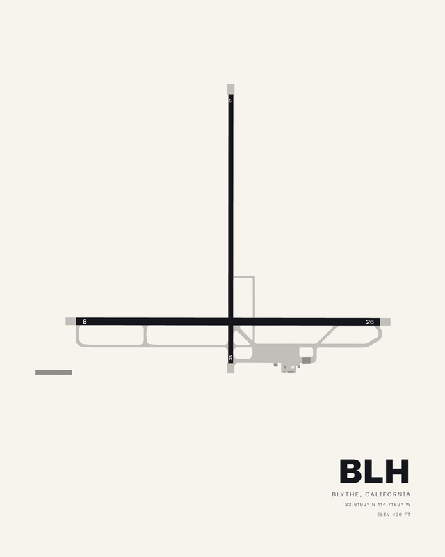 White colorway airport map print of Blythe Airport BLH, runway 8/26 crossing 17/35 in charcoal on a warm white ground.