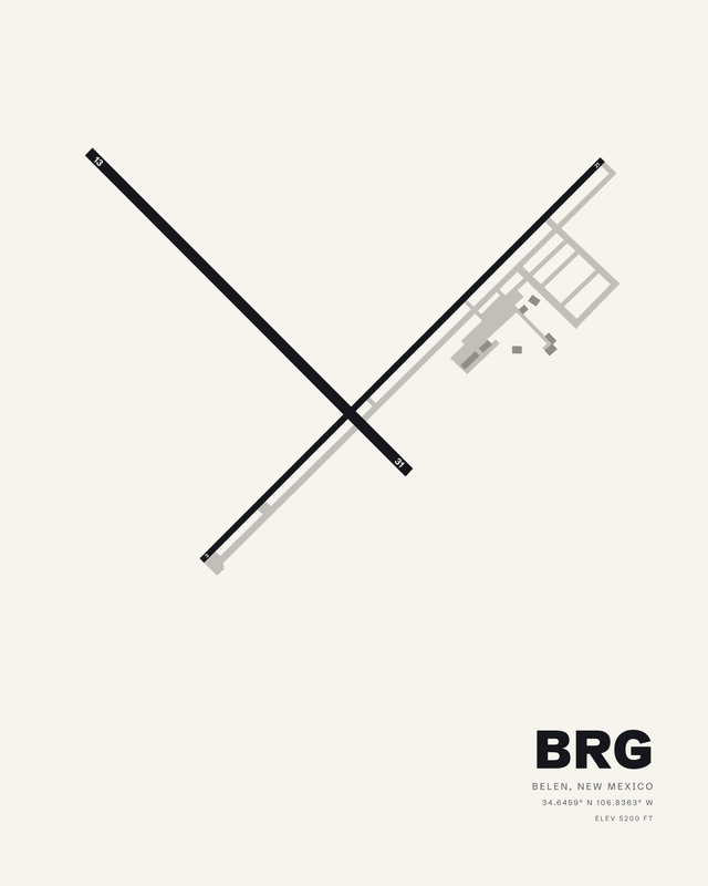 White colorway airport map print of Belen Regional (BRG), two runways crossing in an X with apron shapes at the 21 end.