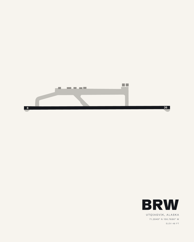 White airport map print of BRW, Wiley Post-Will Rogers Memorial, Utqiagvik, Alaska, showing single runway 08/26 as a dark horizontal strip.