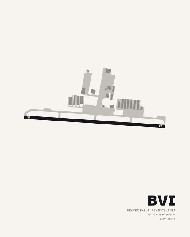 Beaver County BVI airport map print on white, single runway 10/28 with taxiway and hangar rows above.