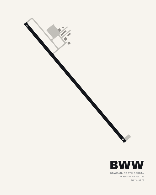 White airport map print of Bowman Regional (BWW) showing single runway 13/31 as a dark diagonal.