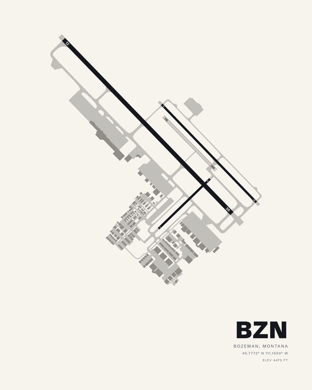 BZN Bozeman Yellowstone International airport diagram on white, runway 12/30 crossing the sheet diagonally.
