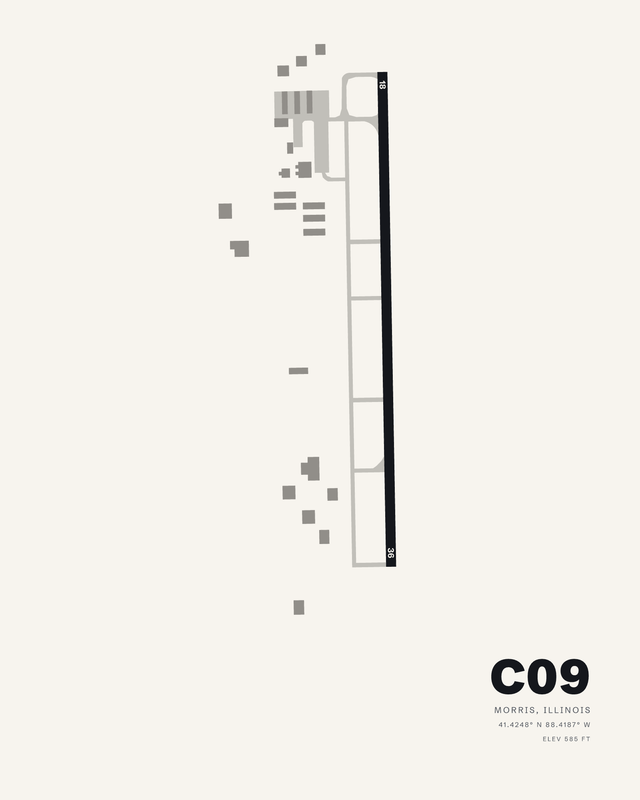 White airport map print of C09 Morris Municipal/James R Washburn Field, single runway 18/36 in charcoal.