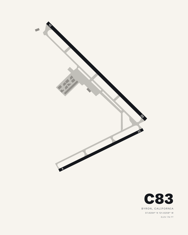 Byron C83 airport map print in the white colorway, two dark runways meeting in a V over pale taxiways.
