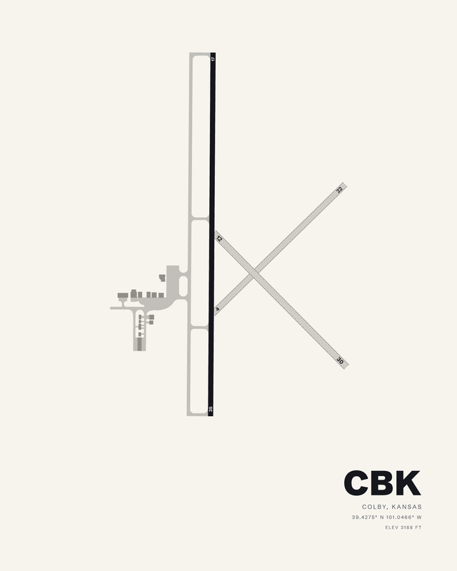 Shalz Field CBK airport diagram on white, showing concrete runway 17/35 and two turf runways crossing in an X.