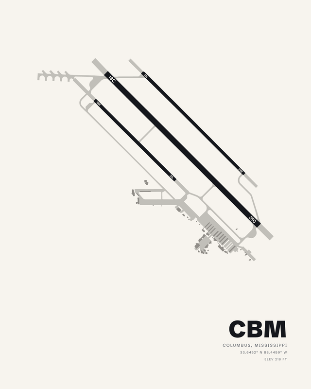 White airport map print of Columbus AFB (CBM), three parallel runways on a northwest to southeast diagonal in black on a bright ground.