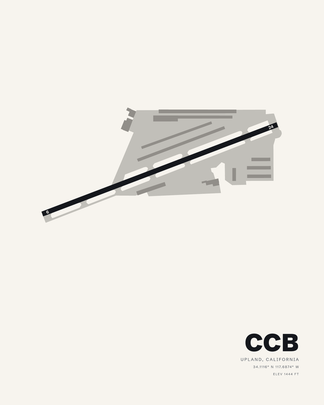 Cable Airport CCB airport map print in the white colorway, runway 06/24 a dark diagonal across a pale ground.