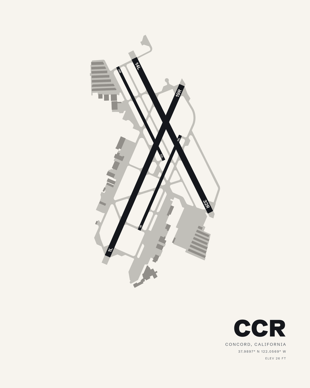 White colorway airport map print of Buchanan Field CCR, Concord, California, showing four runways crossing in an X.