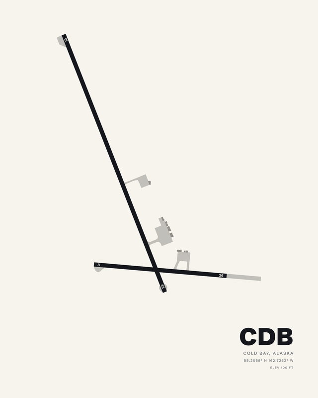 Cold Bay CDB airport map print in white, long runway 15/33 crossed near its south end by runway 08/26.