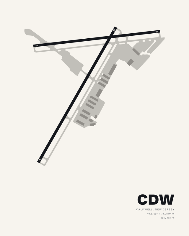 Essex County CDW airport map print on white, two crossing runways in charcoal.