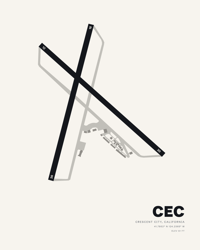 Jack McNamara Field CEC airport diagram in the white colorway, runways 12/30 and 18/36 crossing in a dark X.