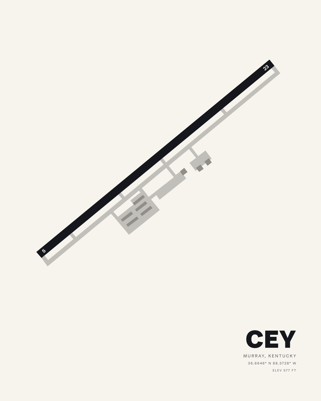 Kyle-Oakley Field CEY airport map print in the white colorway, runway 05/23 a dark diagonal above its taxiway, Murray, Kentucky.
