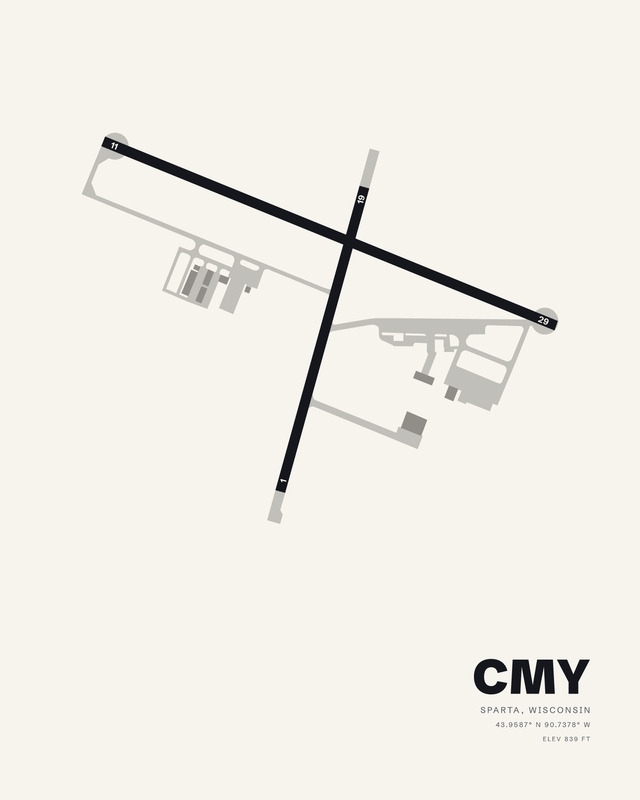 CMY Sparta/Fort McCoy airport diagram on a white background, two dark runways crossing in an X with pale taxiways and aprons.