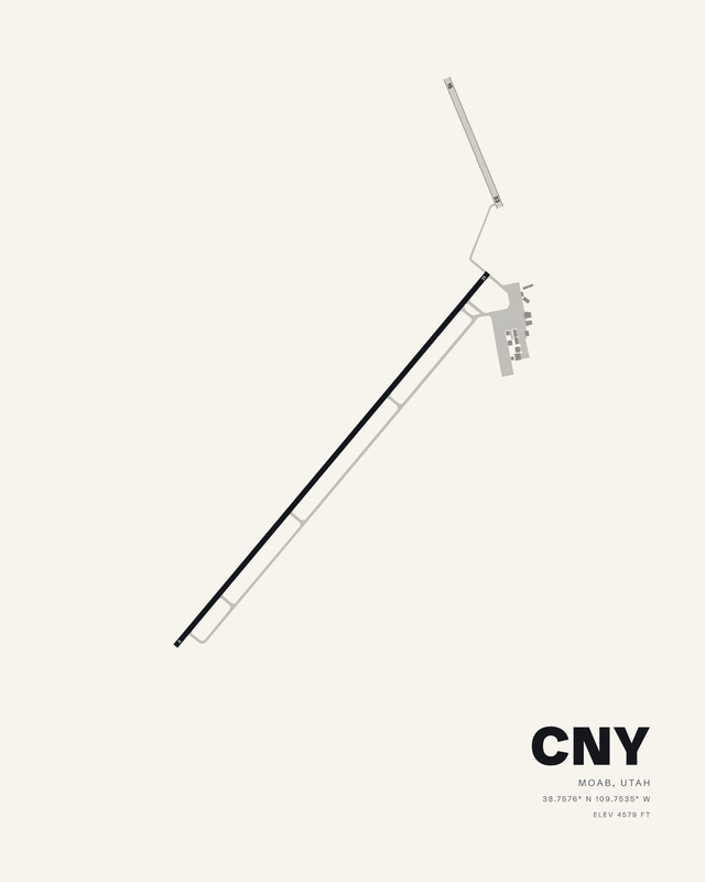 CNY Canyonlands Regional airport map print on white, showing the 7360 foot runway 03/21 and the short gravel strip 15/33.