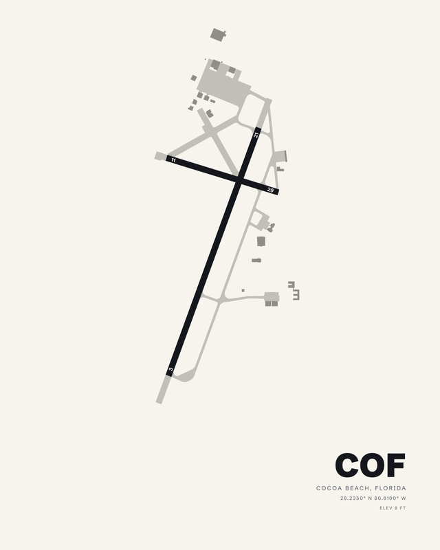 Patrick Space Force Base (COF) airport map print in white, with runway 03/21 crossed by 11/29 in dark ink.