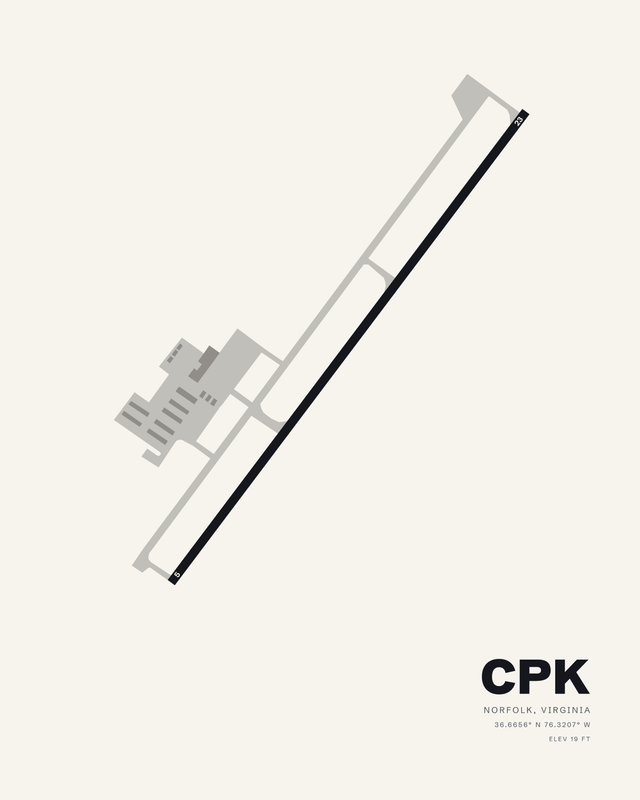 Chesapeake Regional CPK airport map print on white, single diagonal runway 5/23 with parallel taxiway and apron blocks.