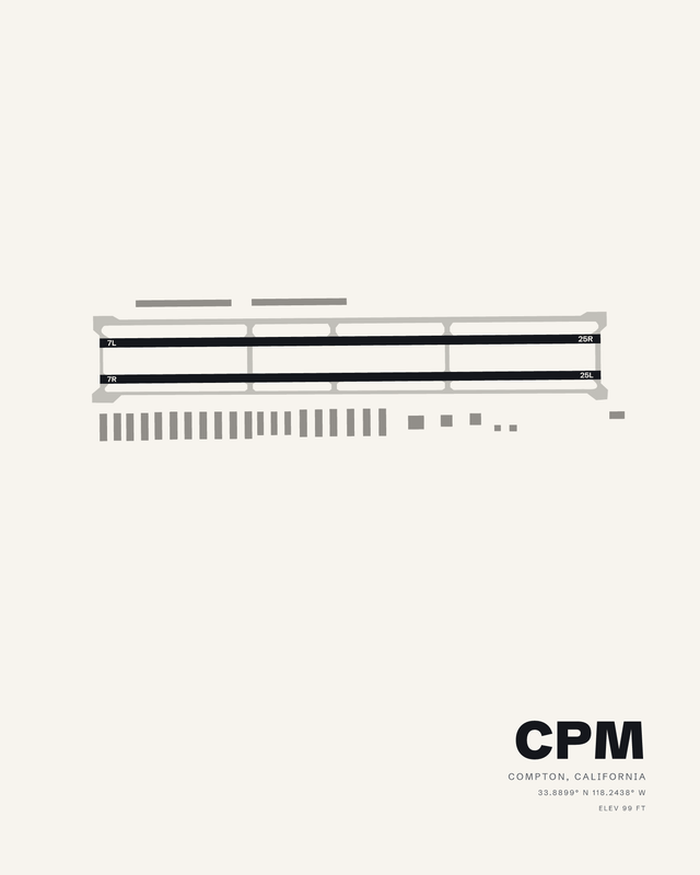 White airport map print of Compton/Woodley Airport (CPM), Compton, California, with two parallel runways in black.