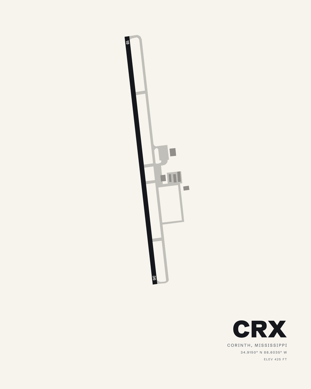 White airport map print of Roscoe Turner (CRX), Corinth, Mississippi, with single runway 18/36 in dark ink.